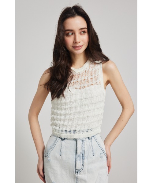 セール】メッシュヤーンニットトップス 夏服 ノースリーブ
