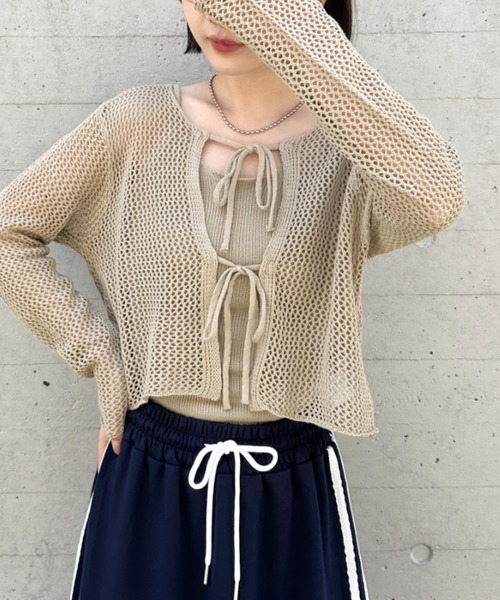 CLEA(クレア)の「【キャミ付き】メッシュクロップド丈リボンカーディガン(カーディガン/ボレロ・レディース・ブラック/ホワイト/グレー/ベージュ・FREE)」の4枚目の写真