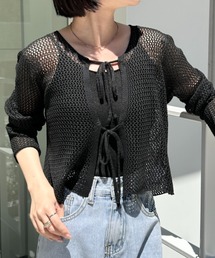 【キャミ付き】メッシュクロップド丈リボンカーディガン