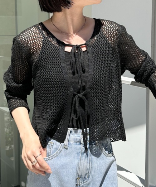 CLEA(クレア)の「【キャミ付き】メッシュクロップド丈リボンカーディガン(カーディガン/ボレロ・レディース・ブラック/ホワイト/グレー/ベージュ・FREE)」の2枚目の写真