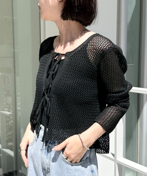 CLEA(クレア)の「【キャミ付き】メッシュクロップド丈リボンカーディガン(カーディガン/ボレロ・レディース・ブラック/ホワイト/グレー/ベージュ・FREE)」の13枚目の写真