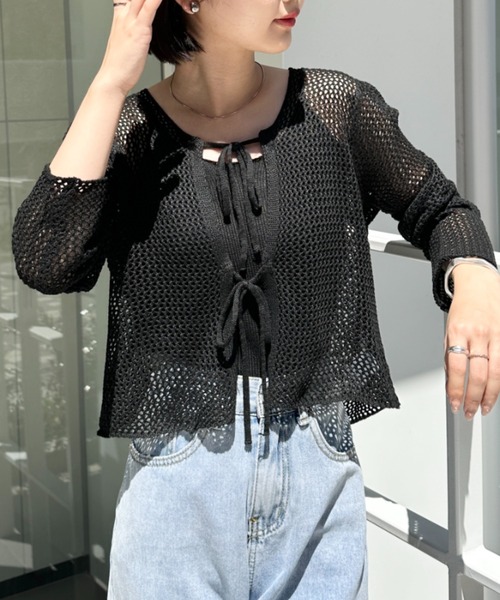 CLEA(クレア)の「【キャミ付き】メッシュクロップド丈リボンカーディガン(カーディガン/ボレロ・レディース・ブラック/ホワイト/グレー/ベージュ・FREE)」の11枚目の写真