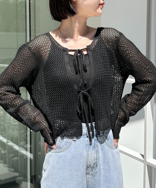 CLEA(クレア)の「【キャミ付き】メッシュクロップド丈リボンカーディガン(カーディガン/ボレロ・レディース・ブラック/ホワイト/グレー/ベージュ・FREE)」の12枚目の写真