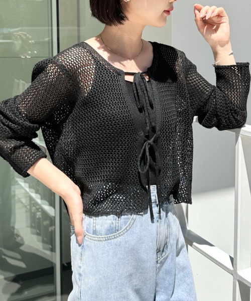CLEA(クレア)の「【キャミ付き】メッシュクロップド丈リボンカーディガン(カーディガン/ボレロ・レディース・ブラック/ホワイト/グレー/ベージュ・FREE)」の14枚目の写真