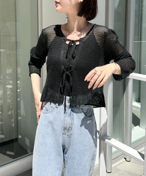 CLEA(クレア)の「【キャミ付き】メッシュクロップド丈リボンカーディガン(カーディガン/ボレロ・レディース・ブラック/ホワイト/グレー/ベージュ・FREE)」の21枚目の写真
