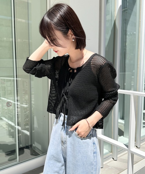 CLEA(クレア)の「【キャミ付き】メッシュクロップド丈リボンカーディガン(カーディガン/ボレロ・レディース・ブラック/ホワイト/グレー/ベージュ・FREE)」の22枚目の写真