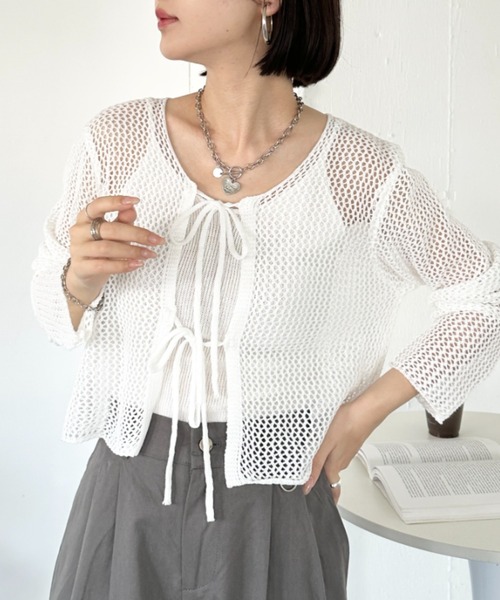 CLEA(クレア)の「【キャミ付き】メッシュクロップド丈リボンカーディガン(カーディガン/ボレロ・レディース・ブラック/ホワイト/グレー/ベージュ・FREE)」の16枚目の写真