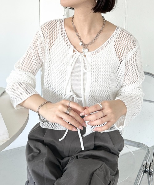 CLEA(クレア)の「【キャミ付き】メッシュクロップド丈リボンカーディガン(カーディガン/ボレロ・レディース・ブラック/ホワイト/グレー/ベージュ・FREE)」の15枚目の写真