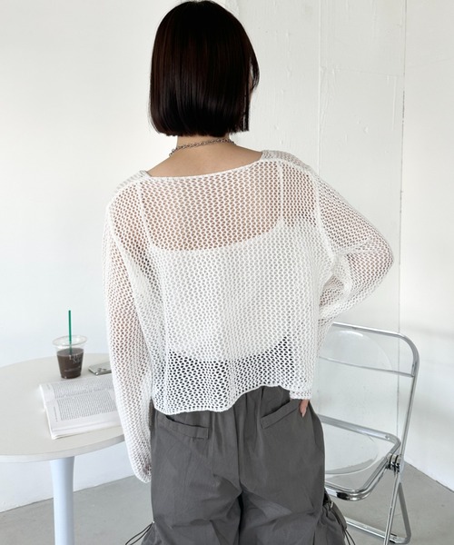 CLEA(クレア)の「【キャミ付き】メッシュクロップド丈リボンカーディガン(カーディガン/ボレロ・レディース・ブラック/ホワイト/グレー/ベージュ・FREE)」の7枚目の写真