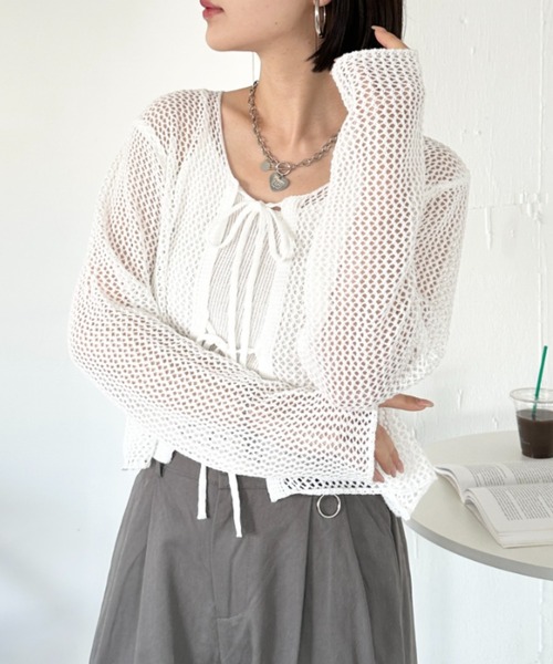 CLEA(クレア)の「【キャミ付き】メッシュクロップド丈リボンカーディガン(カーディガン/ボレロ・レディース・ブラック/ホワイト/グレー/ベージュ・FREE)」の17枚目の写真