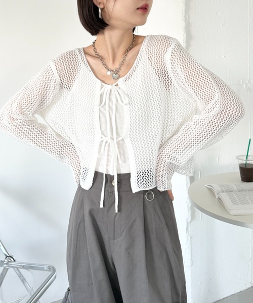 CLEA(クレア)の「【キャミ付き】メッシュクロップド丈リボンカーディガン(カーディガン/ボレロ・レディース・ブラック/ホワイト/グレー/ベージュ・FREE)」の18枚目の写真