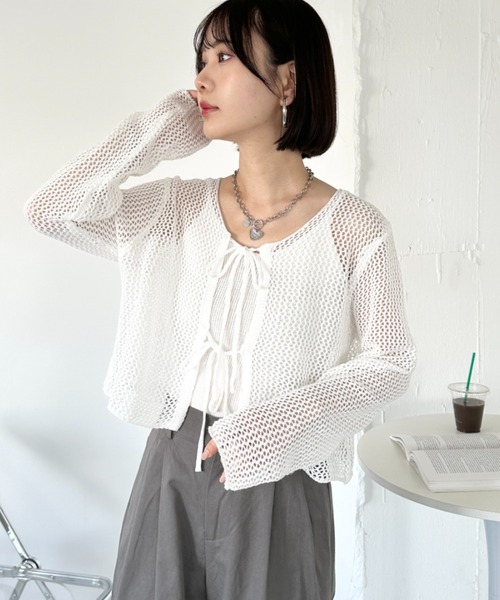 CLEA(クレア)の「【キャミ付き】メッシュクロップド丈リボンカーディガン(カーディガン/ボレロ・レディース・ブラック/ホワイト/グレー/ベージュ・FREE)」の19枚目の写真