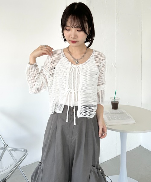 CLEA(クレア)の「【キャミ付き】メッシュクロップド丈リボンカーディガン(カーディガン/ボレロ・レディース・ブラック/ホワイト/グレー/ベージュ・FREE)」の6枚目の写真