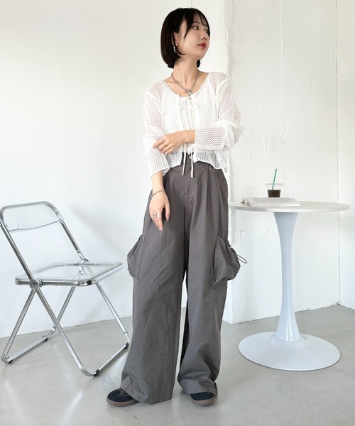 CLEA(クレア)の「【キャミ付き】メッシュクロップド丈リボンカーディガン(カーディガン/ボレロ・レディース・ブラック/ホワイト/グレー/ベージュ・FREE)」の10枚目の写真
