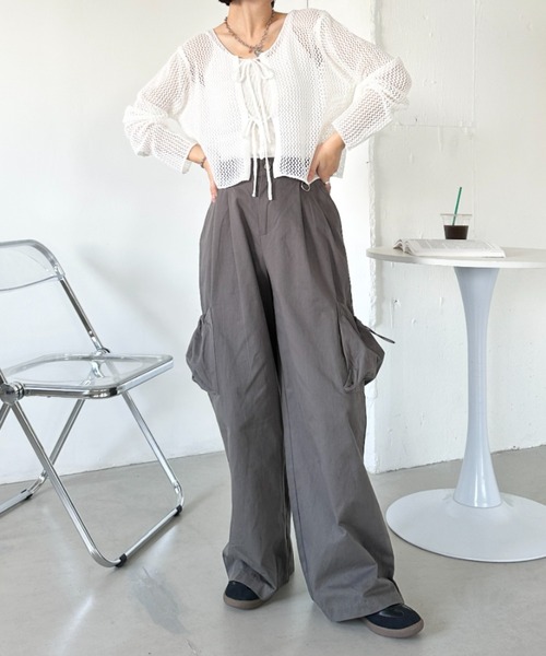 CLEA(クレア)の「【キャミ付き】メッシュクロップド丈リボンカーディガン(カーディガン/ボレロ・レディース・ブラック/ホワイト/グレー/ベージュ・FREE)」の8枚目の写真
