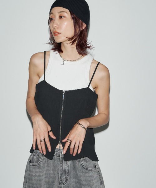 Auntie Rosa Holiday（アンティローザホリデー）の「シャーリングジョーゼットビスチェキャミ（キャミソール・レディース・グレー/アイボリー/ブラック・FREE）」の9枚目の写真