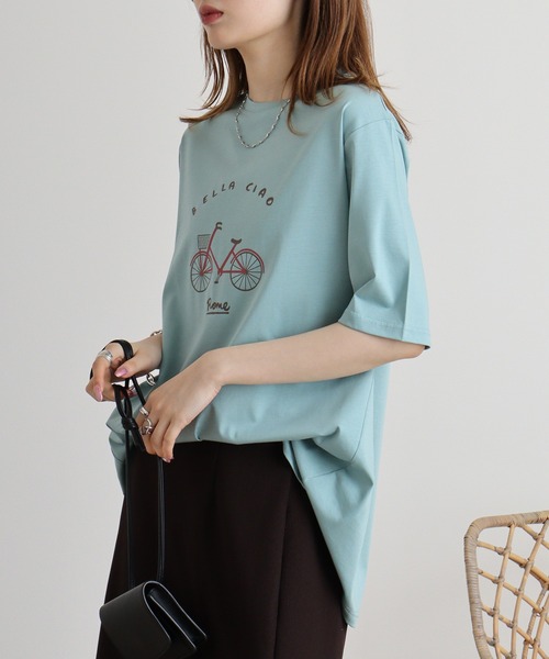 BRODIAEA(ブローディア)の「BRODIAEA 自転車イラストTシャツ(Tシャツ/カットソー・レディース・ピンク/モスグリーン/キャメル/グレイッシュベージュ/ブラック・40)」の17枚目の写真