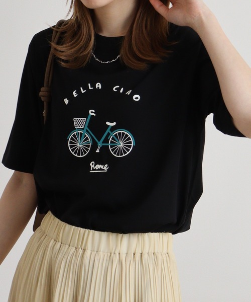 BRODIAEA(ブローディア)の「BRODIAEA 自転車イラストTシャツ(Tシャツ/カットソー・レディース・ピンク/モスグリーン/キャメル/グレイッシュベージュ/ブラック・40)」の7枚目の写真