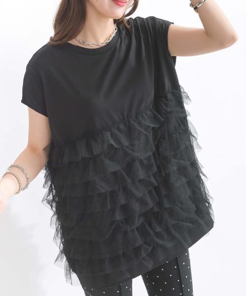 PICCIN(ピッチン)の「【WEB限定】チュールフリルロングプルオーバー(Tシャツ/カットソー・レディース・オフホワイト/ブラック・M/L)」の3枚目の写真