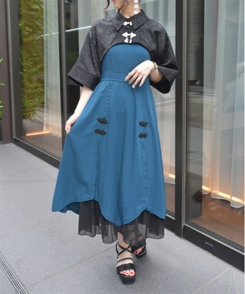 axes femme（アクシーズファム）の「チャイナ釦バイカラーワンピース（ワンピース・レディース・ブルーグリーン/ブラック/グレー・FREE）」の3枚目の写真