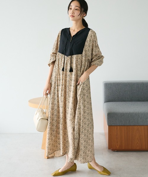 CRAFT STANDARD BOUTIQUE（クラフトスタンダードブティック）の「レーヨンキルト切替ワンピース　◆（ワンピース・レディース・ベージュ/ネイビー/その他14・FREE）」の2枚目の写真