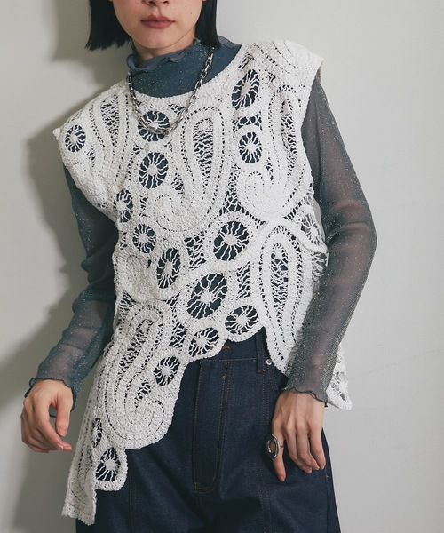 手編み　ベスト AMBIDEX Store ○PELU HANDKNIT パッチワークベスト(F GREY