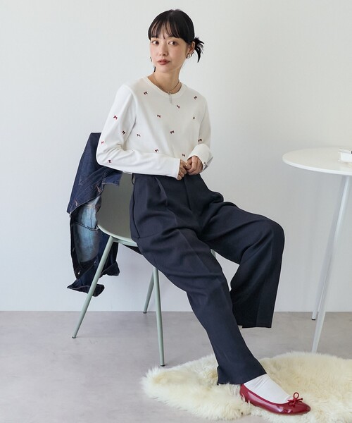 2色 カジュアル リボン刺繍半袖 Tシャツ スリム カットソー セール】リボン刺繍カットソー（Tシャツ/カットソー）｜ehka