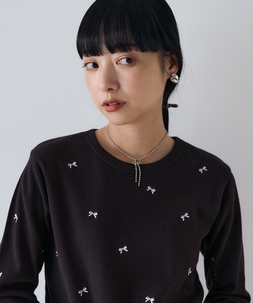 2色 カジュアル リボン刺繍半袖 Tシャツ スリム カットソー セール】リボン刺繍カットソー（Tシャツ/カットソー）｜ehka