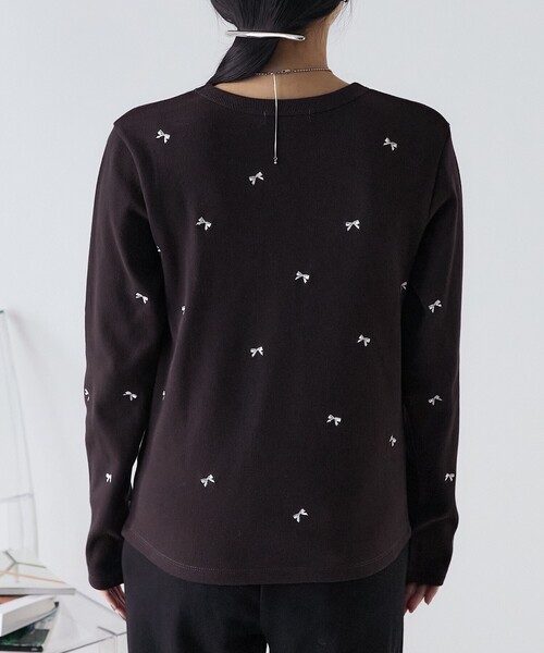 2色 カジュアル リボン刺繍半袖 Tシャツ スリム カットソー セール】リボン刺繍カットソー（Tシャツ/カットソー）｜ehka