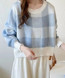 チェック柄ニット ショート丈 長袖ニット