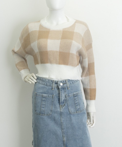 Miniministore（ミニミニストア）の「チェック柄ニット ショート丈 長袖ニット（ニット/セーター・レディース・ベージュ/ブルー/ブラック・FREE）」の9枚目の写真