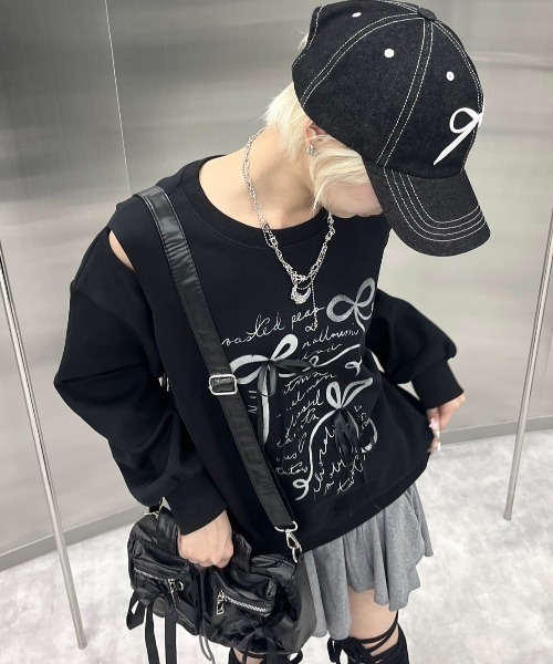 Never mind the XU / Chikashitsu+(ネバーマインド ザ エックスユー / チカシツプラス)の「【nmtc+】ribbon design sweat shirt / 【エヌエムティーシープラス】リボンデザイン長袖スウェット(スウェット・レディース・ブラック/グレー・ONE SIZE)」の15枚目の写真