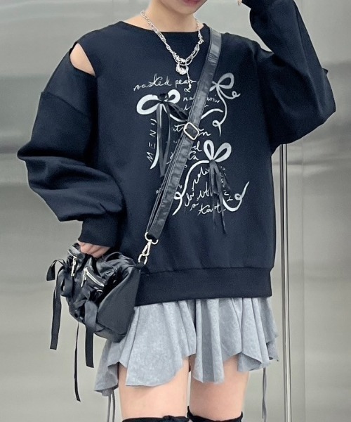 Never mind the XU / Chikashitsu+(ネバーマインド ザ エックスユー / チカシツプラス)の「【nmtc+】ribbon design sweat shirt / 【エヌエムティーシープラス】リボンデザイン長袖スウェット(スウェット・レディース・ブラック/グレー・ONE SIZE)」の12枚目の写真