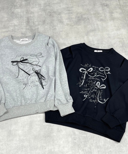Never mind the XU / Chikashitsu+(ネバーマインド ザ エックスユー / チカシツプラス)の「【nmtc+】ribbon design sweat shirt / 【エヌエムティーシープラス】リボンデザイン長袖スウェット(スウェット・レディース・ブラック/グレー・ONE SIZE)」の4枚目の写真