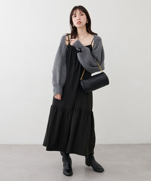 natural couture(ナチュラルクチュール)の「【mamamo】フロントシャーリングキャミワンピース(ワンピース・レディース・その他1/ブラウン/ブラック・FREE)」の4枚目の写真