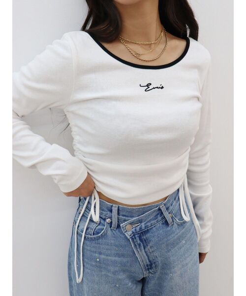 EVRIS（エヴリス）の「サイドドロストワンポイントショートトップス（Tシャツ/カットソー・レディース・ブラック/ホワイト/グレー・FREE）」の8枚目の写真