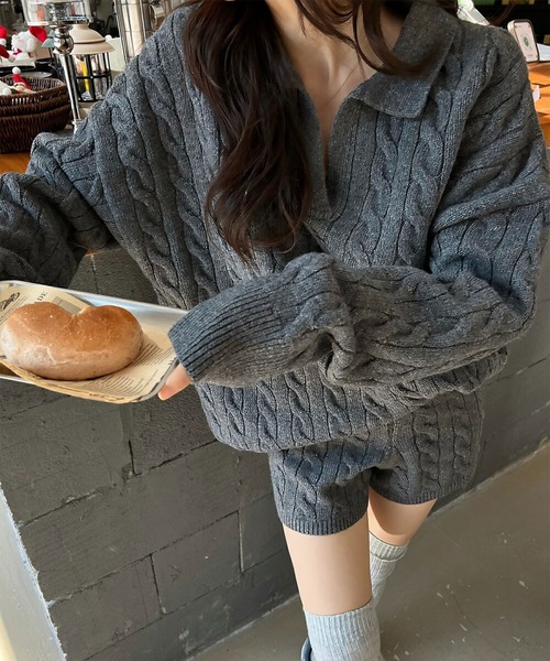 blackdia ocean(ブラックダイヤオーシャン)の「blackdia ocean ケーブル柄ニットxショートパンツ セットアップ(ニット/セーター・レディース・ブラック/ホワイト/グレー・FREE)」の3枚目の写真