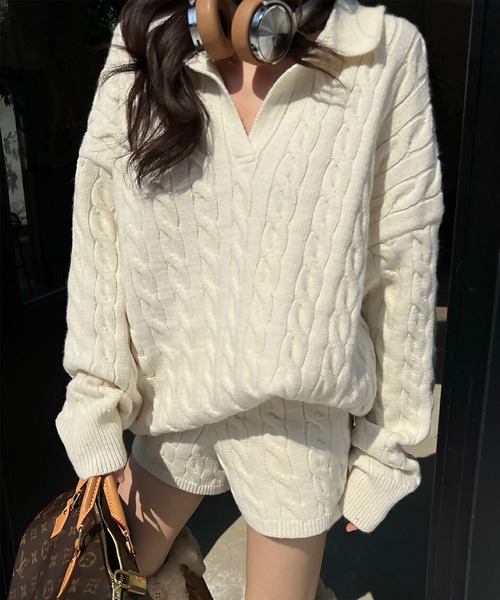 blackdia ocean(ブラックダイヤオーシャン)の「blackdia ocean ケーブル柄ニットxショートパンツ セットアップ(ニット/セーター・レディース・ブラック/ホワイト/グレー・FREE)」の2枚目の写真