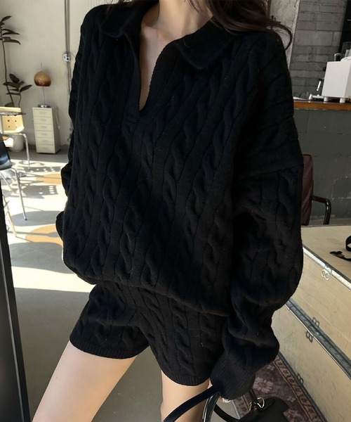 blackdia ocean(ブラックダイヤオーシャン)の「blackdia ocean ケーブル柄ニットxショートパンツ セットアップ(ニット/セーター・レディース・ブラック/ホワイト/グレー・FREE)」の1枚目の写真
