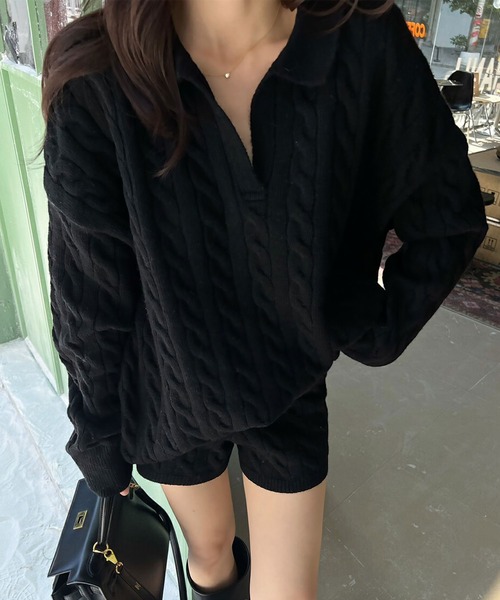 blackdia ocean(ブラックダイヤオーシャン)の「blackdia ocean ケーブル柄ニットxショートパンツ セットアップ(ニット/セーター・レディース・ブラック/ホワイト/グレー・FREE)」の9枚目の写真