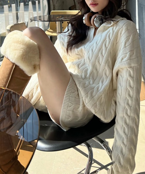 blackdia ocean(ブラックダイヤオーシャン)の「blackdia ocean ケーブル柄ニットxショートパンツ セットアップ(ニット/セーター・レディース・ブラック/ホワイト/グレー・FREE)」の6枚目の写真