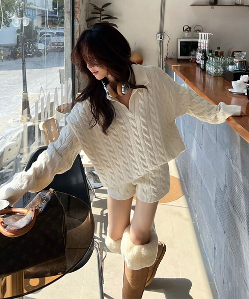blackdia ocean(ブラックダイヤオーシャン)の「blackdia ocean ケーブル柄ニットxショートパンツ セットアップ(ニット/セーター・レディース・ブラック/ホワイト/グレー・FREE)」の7枚目の写真