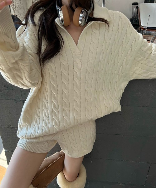 blackdia ocean(ブラックダイヤオーシャン)の「blackdia ocean ケーブル柄ニットxショートパンツ セットアップ(ニット/セーター・レディース・ブラック/ホワイト/グレー・FREE)」の5枚目の写真