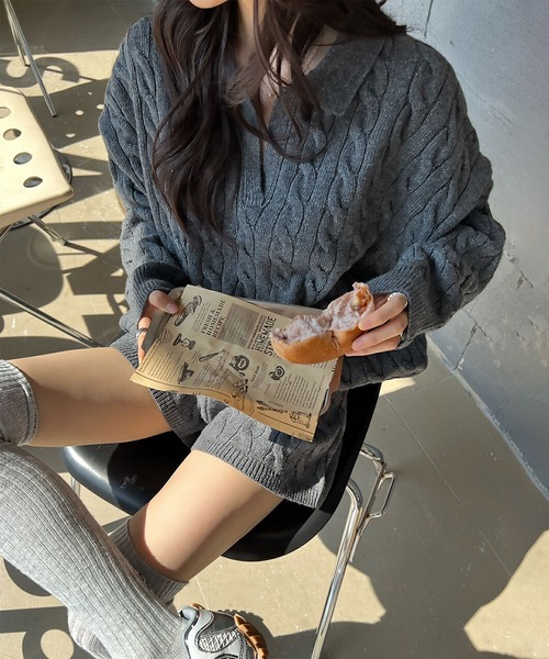 blackdia ocean(ブラックダイヤオーシャン)の「blackdia ocean ケーブル柄ニットxショートパンツ セットアップ(ニット/セーター・レディース・ブラック/ホワイト/グレー・FREE)」の14枚目の写真