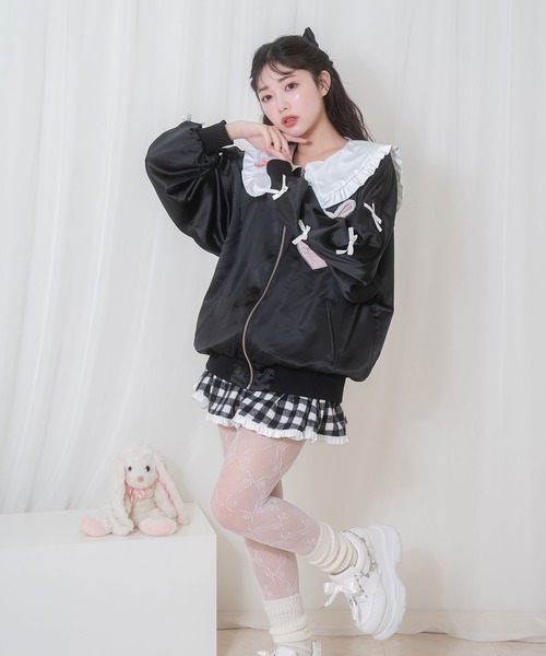 Honey Cinnamon(ハニーシナモン)の「袖リボンハニーちゃんセーラージップアップ(その他アウター・レディース・ピンク/ブラック・FREE)」の5枚目の写真