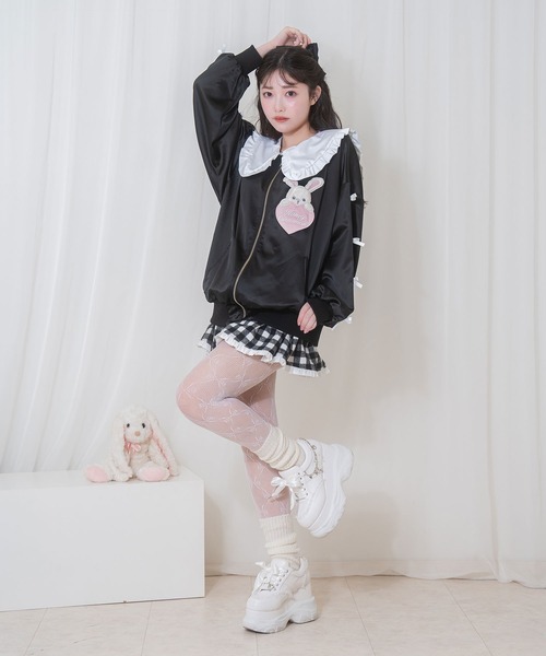 Honey Cinnamon(ハニーシナモン)の「袖リボンハニーちゃんセーラージップアップ(その他アウター・レディース・ピンク/ブラック・FREE)」の6枚目の写真