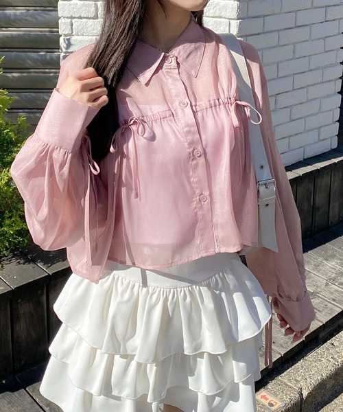 INGNI（イング）の「リボンラメシアーショートシャツ（シャツ/ブラウス・レディース・アイボリー/イエロー/ピンク/ブルー・M）」の2枚目の写真