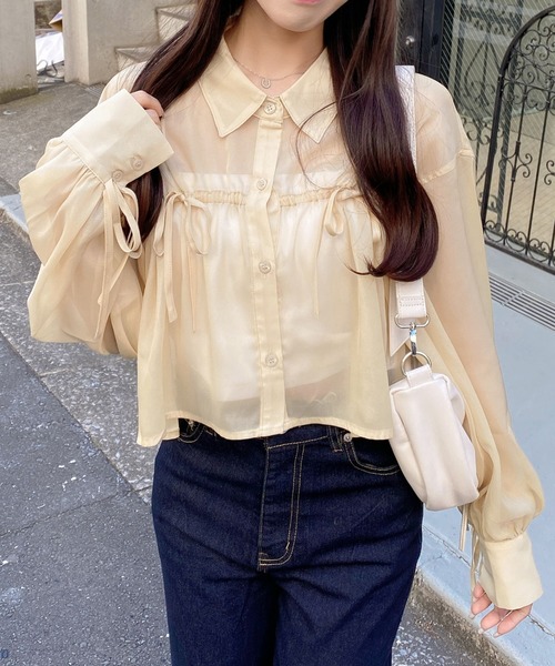 INGNI（イング）の「リボンラメシアーショートシャツ（シャツ/ブラウス・レディース・アイボリー/イエロー/ピンク/ブルー・M）」の4枚目の写真