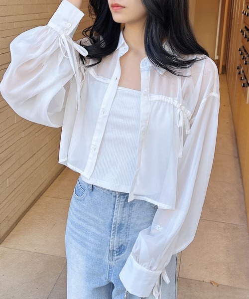 INGNI（イング）の「リボンラメシアーショートシャツ（シャツ/ブラウス・レディース・アイボリー/イエロー/ピンク/ブルー・M）」の3枚目の写真