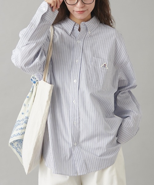 GEVACO(ゲバコ)の「【GEVACO】ベーシックオーバーサイズストライプシャツ(シャツ/ブラウス・レディース・イエロー/ネイビー/レッド/グリーン/ブラウン・SMALL/LARGE/MEDIUM)」の3枚目の写真